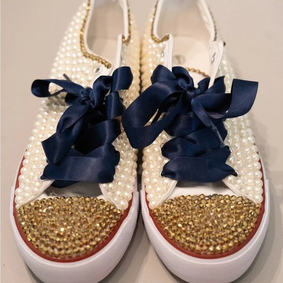 Elegant Pearl and Gold Custom Women's Bridal Sneaker - Picture 3 of 4